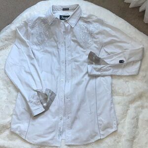 Roar Men's White Embroidered Casual Shirt